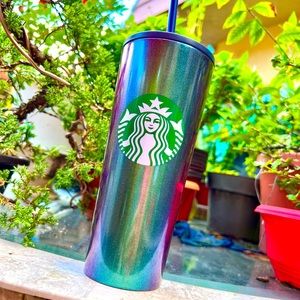 RARE Starbucks Green Blue Glitter Metallic SS Holiday Tumbler w/ Straw